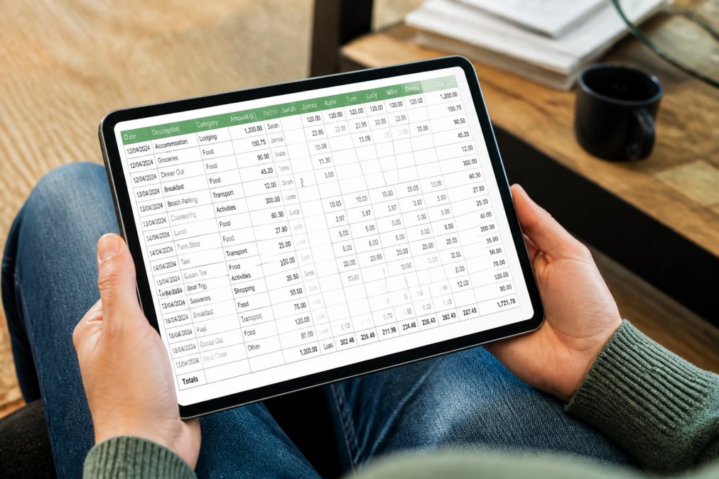 Close-up of hands holding a tablet displaying an expense tracking spreadsheet with multiple columns showing dates, descriptions, amounts and participant names
