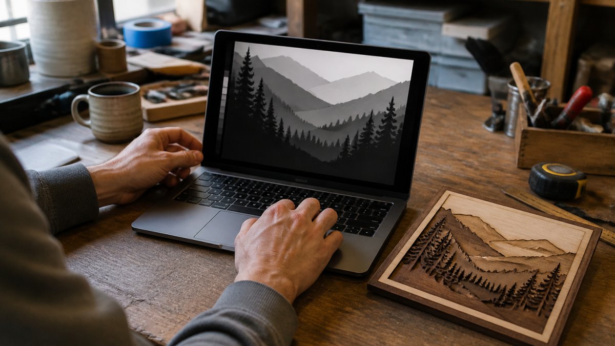 Close-up of a maker's hands at a desk adjusting a grayscale depth map on a laptop screen, with a laser-cut wooden plaque resting beside the keyboard