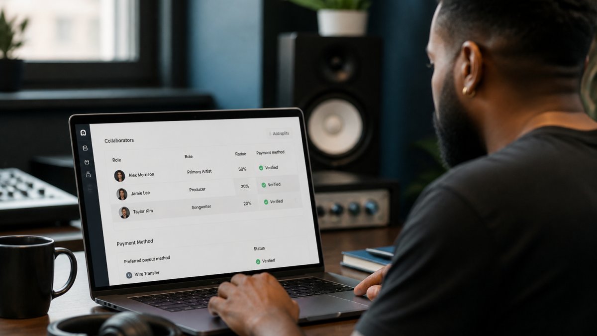 Music distribution platform dashboard showing split configuration screen with collaborator names, roles, percentages, and payment method verification fields