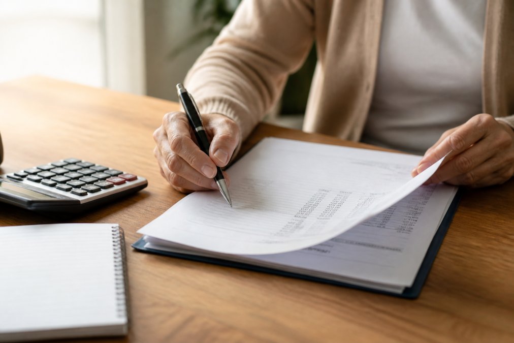 Close-up of hands holding a pen over a settlement statement or financial document with calculator and notepad visible on desk, natural office lighting
