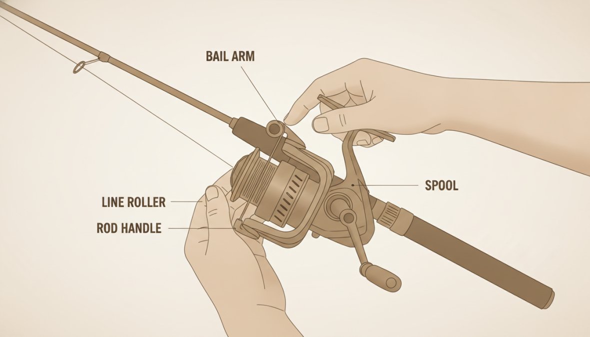 Close-up of hands positioning a spinning reel's bail arm with line roller aligned directly above the spool, showing proper reel orientation on a fishing rod