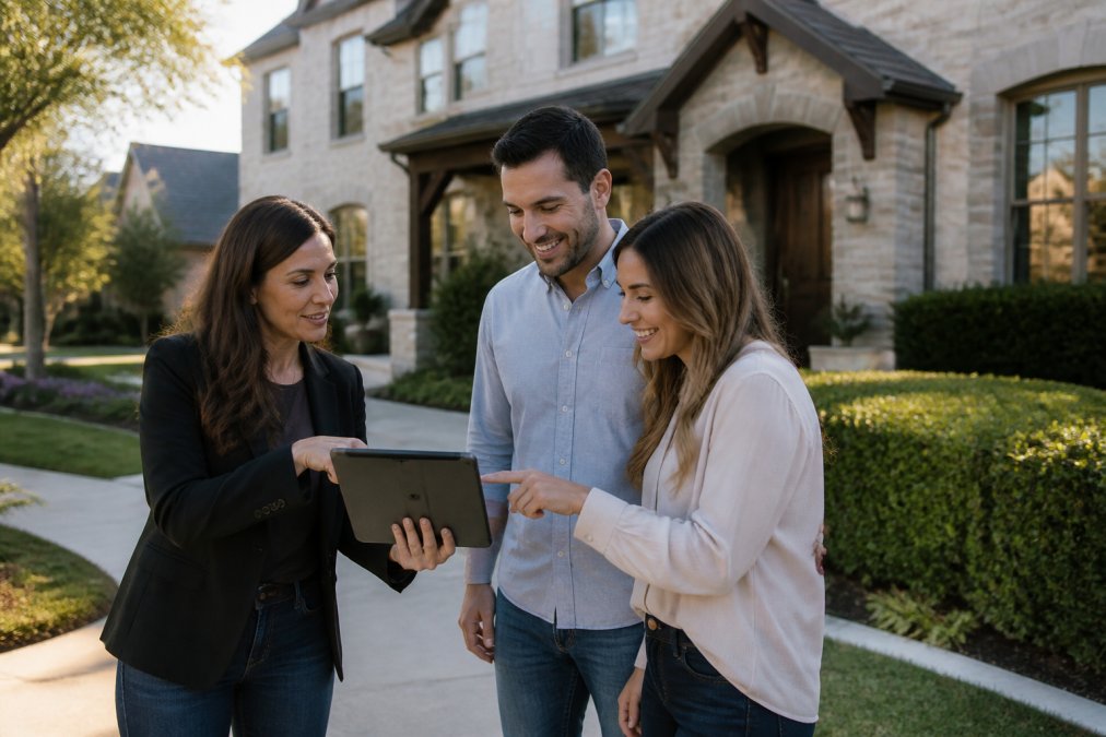 A real estate agent and a young couple reviewing a tablet with property listings while standing in front of a suburban home in Plano, Texas, warm afternoon light