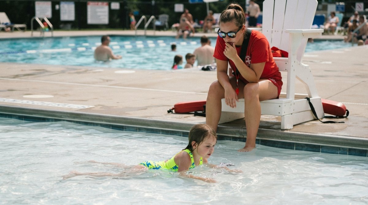 Lifeguard in sunglasses watching a young child in shallow pool water from poolside, demonstrating active visual supervision and focused attention on the child's position and movements