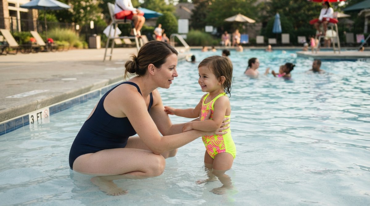 Parent and young child together in shallow pool water, child wearing bright neon high-visibility swimsuit, parent maintaining close physical proximity and direct visual contact