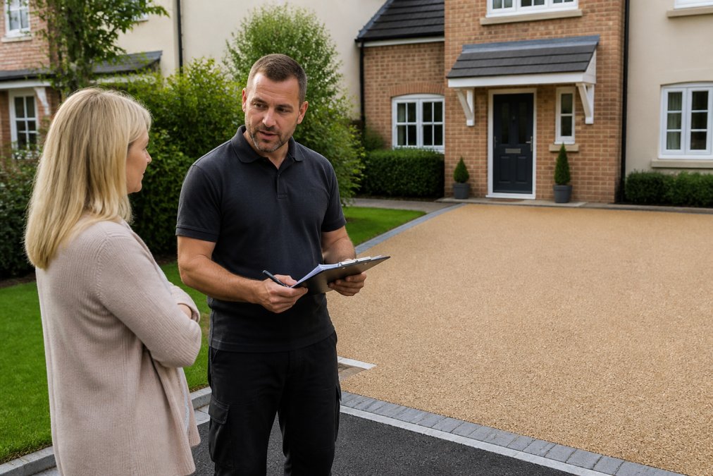 A homeowner standing on their driveway, talking with a paving contractor who holds a clipboard, with a resin-bound driveway visible in the background on a bright day
