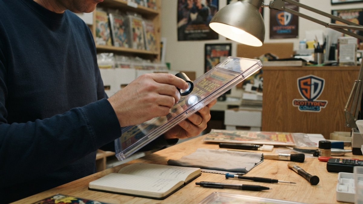 Collector using a magnifying loupe to inspect the spine of a restored comic book under a bright desk lamp.