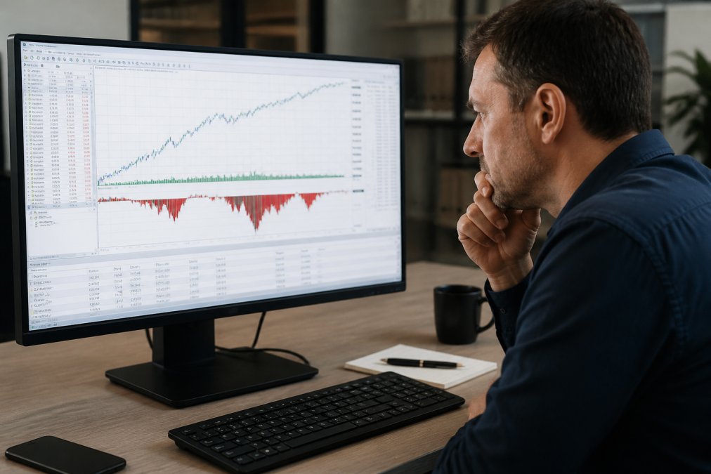 Trader analyzing MT5 equity curves and drawdown data to learn how to spot a scam MT5 expert advisor.