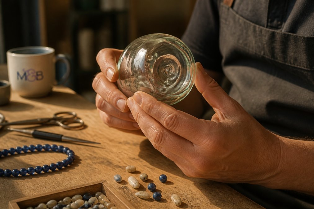 Diagram detailing physical markers of authentic artisan work in hand-blown glass
