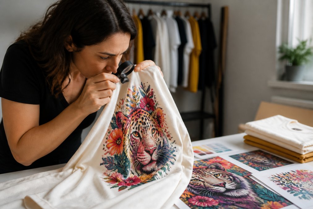 Professional demonstrating examination of printed garment under bright light, checking texture and detail quality with magnifying glass while comparing to reference materials