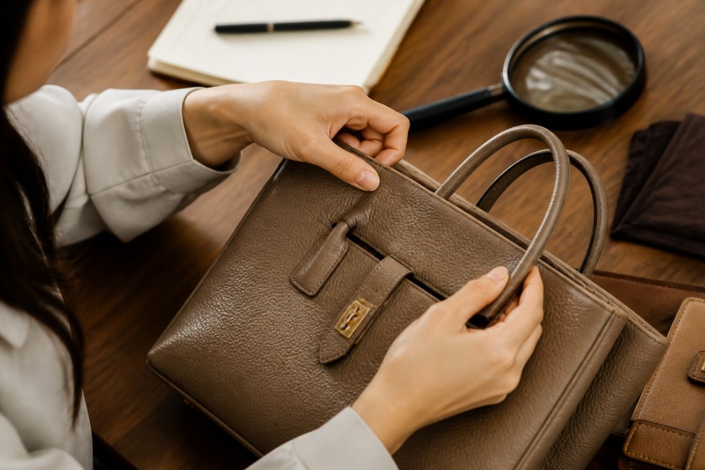 Close-up of a woman's hands examining the leather grain and logo stamp on a designer handbag at a well-lit wooden table