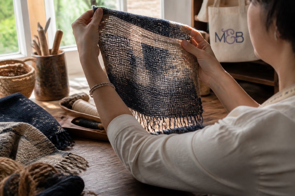 Close-up of a person's hands examining the underside of a hand-woven textile, holding it up to natural light to check for irregularities in the weave, with a wooden workbench and artisan tools visible in the background