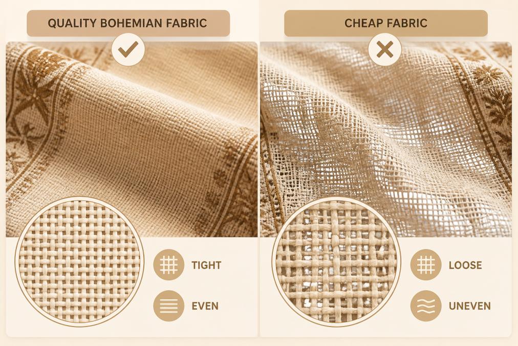 Comparison diagram to spot cheap bohemian fabric by contrasting tight, high-quality weaves with loose, uneven textures.