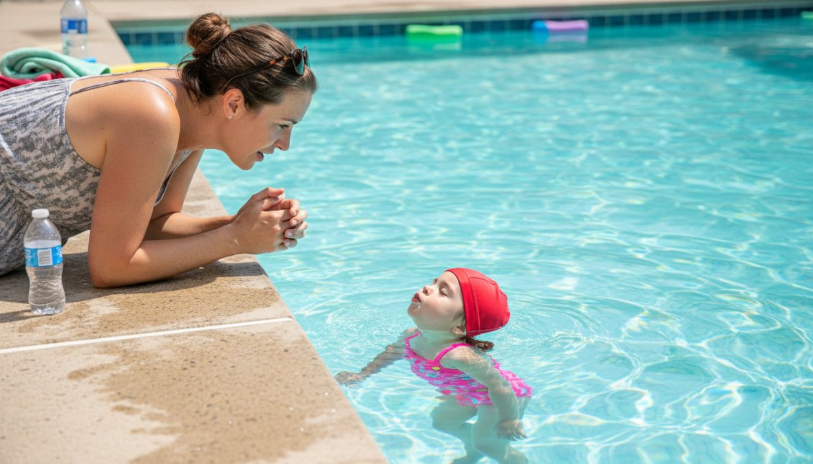 Parent watching a child in a bright swimming pool from poolside, demonstrating active supervision with attentive observation of the child's head position and body posture in the water