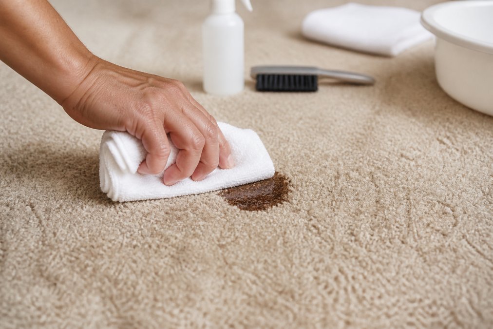 A close-up of a hand pressing a clean white microfibre cloth onto a fresh spill on a beige carpet, showing the blotting motion rather than rubbing, in bright natural light