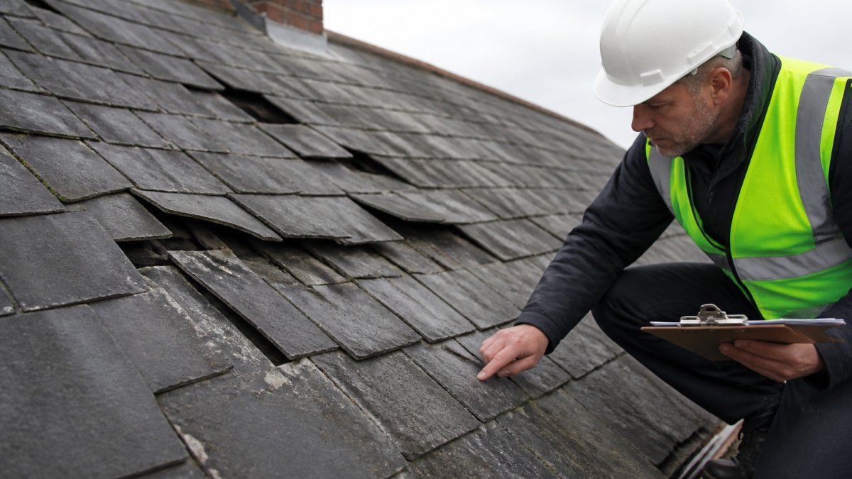 Close-up of damaged roof showing misaligned slate tiles, visible gaps between sections, and sagging areas with a surveyor examining the poor workmanship