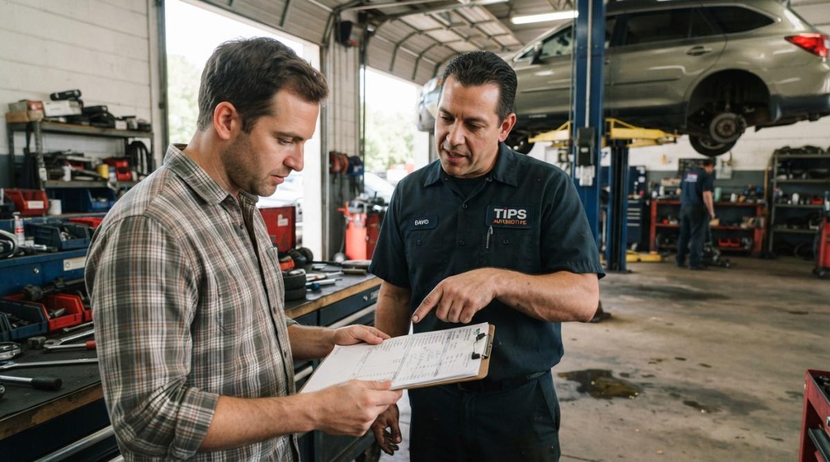 A customer in a service bay reviewing a printed estimate while a technician in a clean uniform points to specific line items on the paper