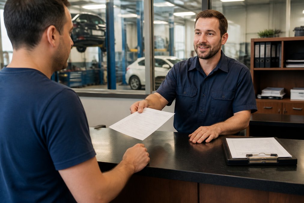 A service advisor in a clean uniform handing a written estimate to a car owner at a service counter, with a repair order clipboard visible and a well-lit auto shop office in the background