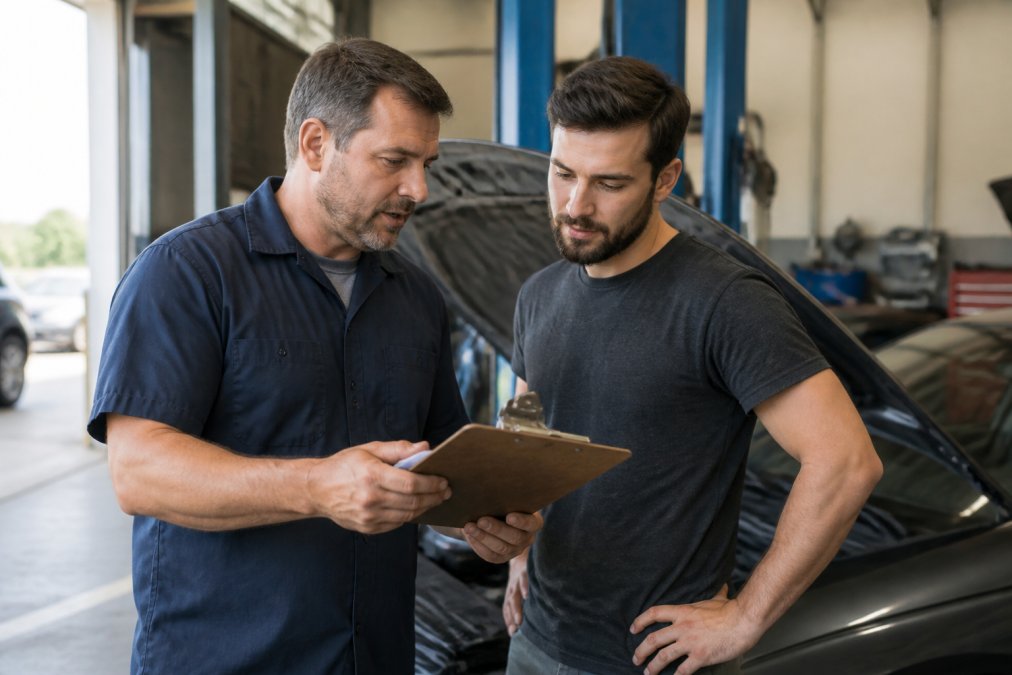 Mechanic and customer reviewing a detailed service estimate together to help you spot dishonest mechanics