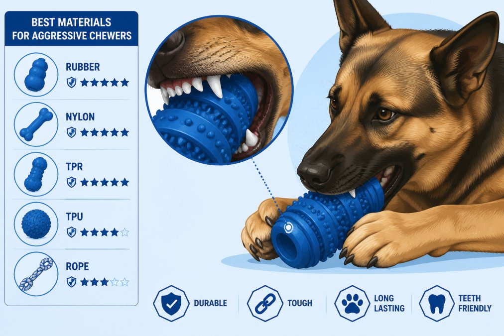 Close-up of a dog actively chewing on a durable toy, showing teeth engagement with the material and the dog's focused, concentrated expression