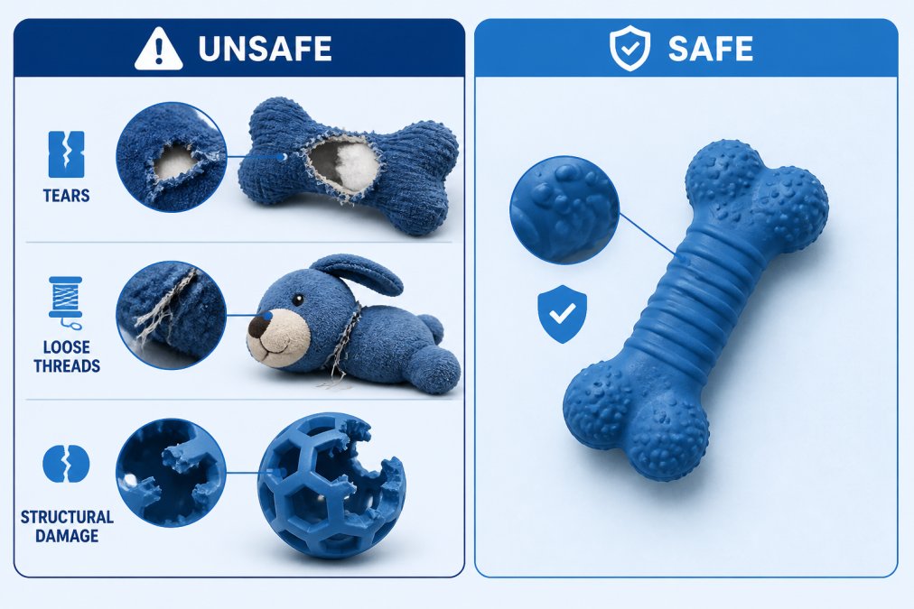 Worn and damaged dog toys displayed side-by-side showing visible tears, loose threads, and structural damage compared to an intact toy in clear daylight