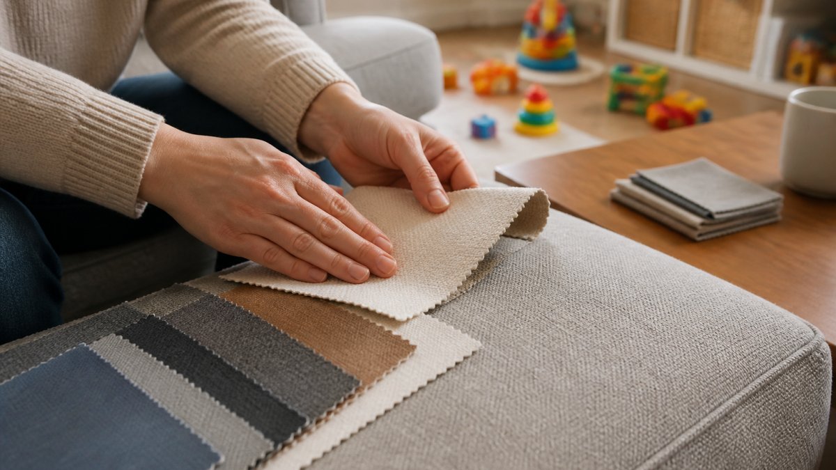 Close-up of a person's hands rubbing and inspecting a fabric swatch on a sofa cushion in a bright living room, with children's toys softly blurred in the background