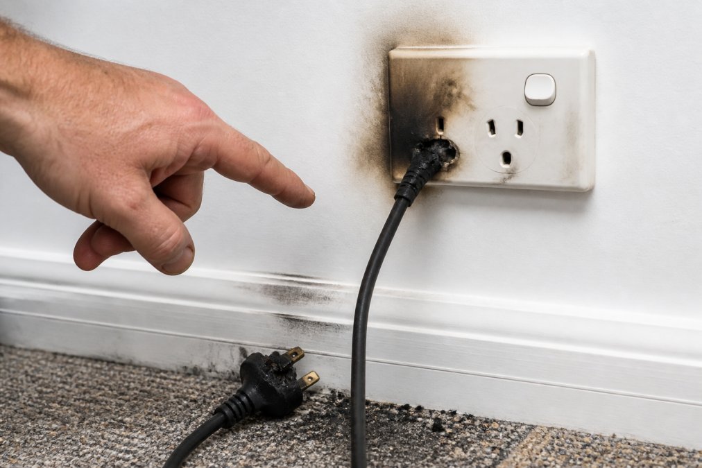 Close-up of a homeowner's hand pointing at a black scorch mark around a power outlet on a white wall, with a slightly charred plug nearby