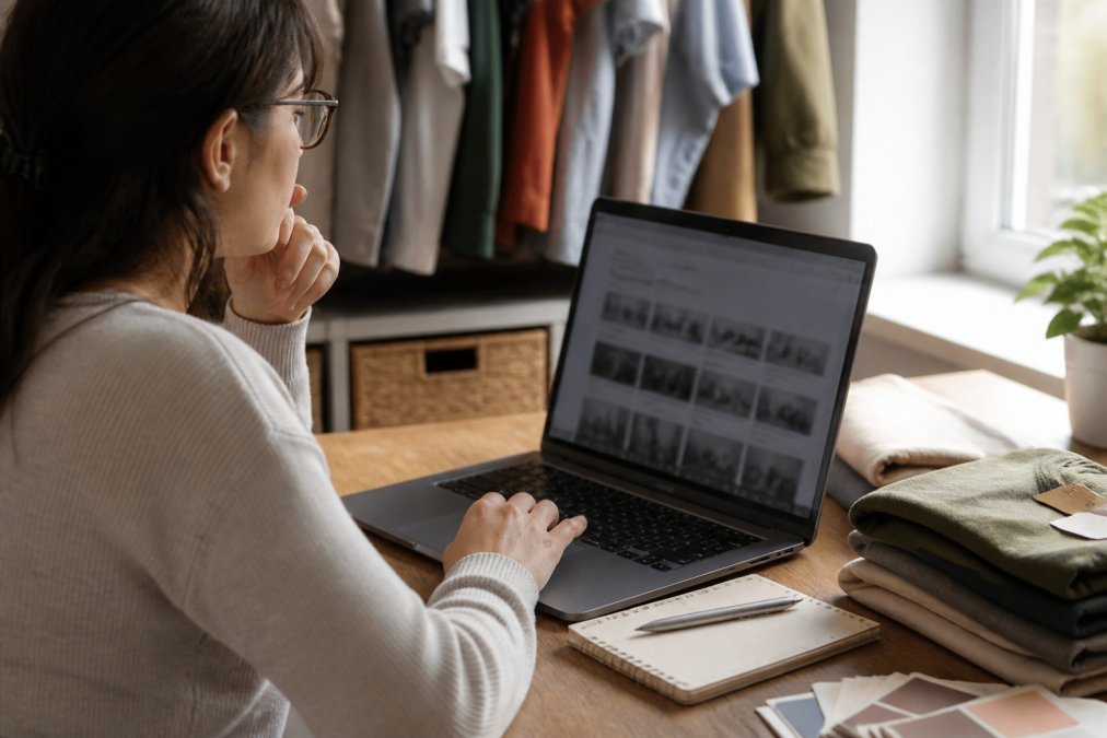 Person at a desk researching supply chain transparency for ethical fashion brands on a laptop