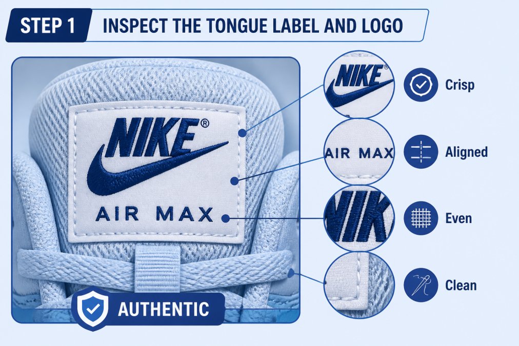 Close-up of authentic Air Max tongue label showing crisp Nike branding with perfectly aligned text, even font density, and clean embroidery detail in professional lighting