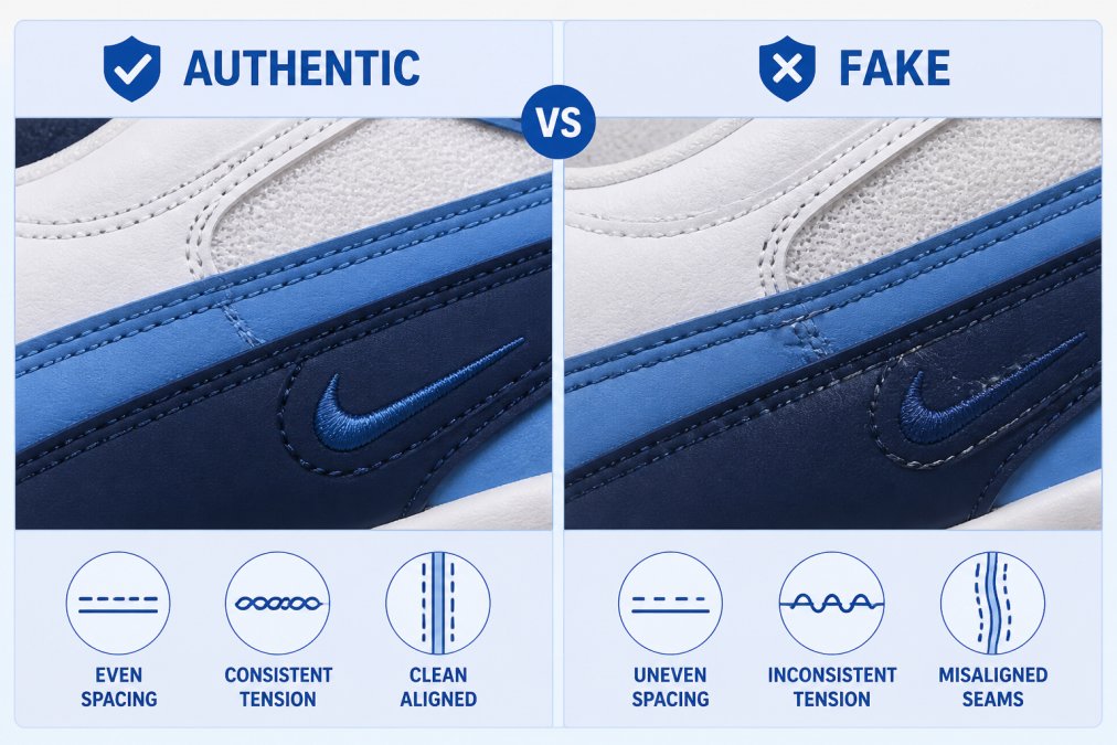 Side-by-side detail shot of authentic Air Max sneaker stitching showing perfectly even spacing, consistent thread tension, and clean aligned seams under professional close-up lighting