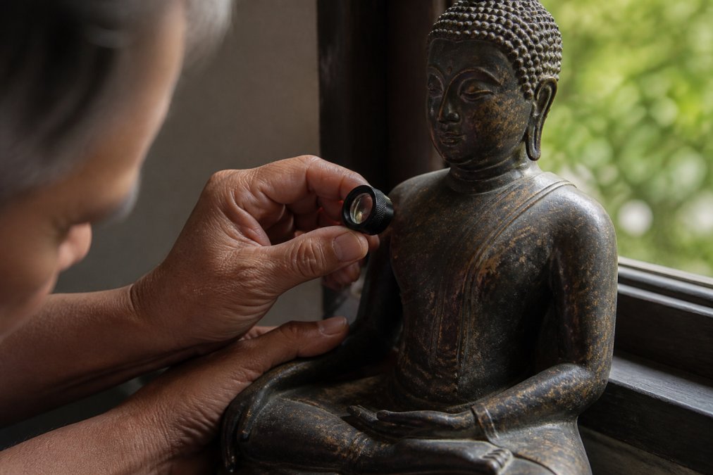 Gros plan des mains d'un collectionneur tenant une loupe sur la surface d'une statue de Bouddha en bronze, examinant la patine et les détails de moulage à la lumière naturelle d'une fenêtre