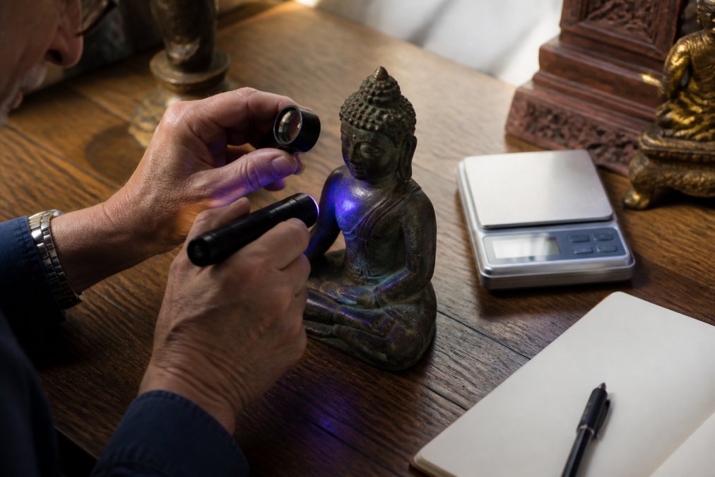 A collector's hands holding a magnifying loupe and UV flashlight over a bronze Buddha statue on a wooden table, with a jeweler's scale and notebook nearby in warm natural light