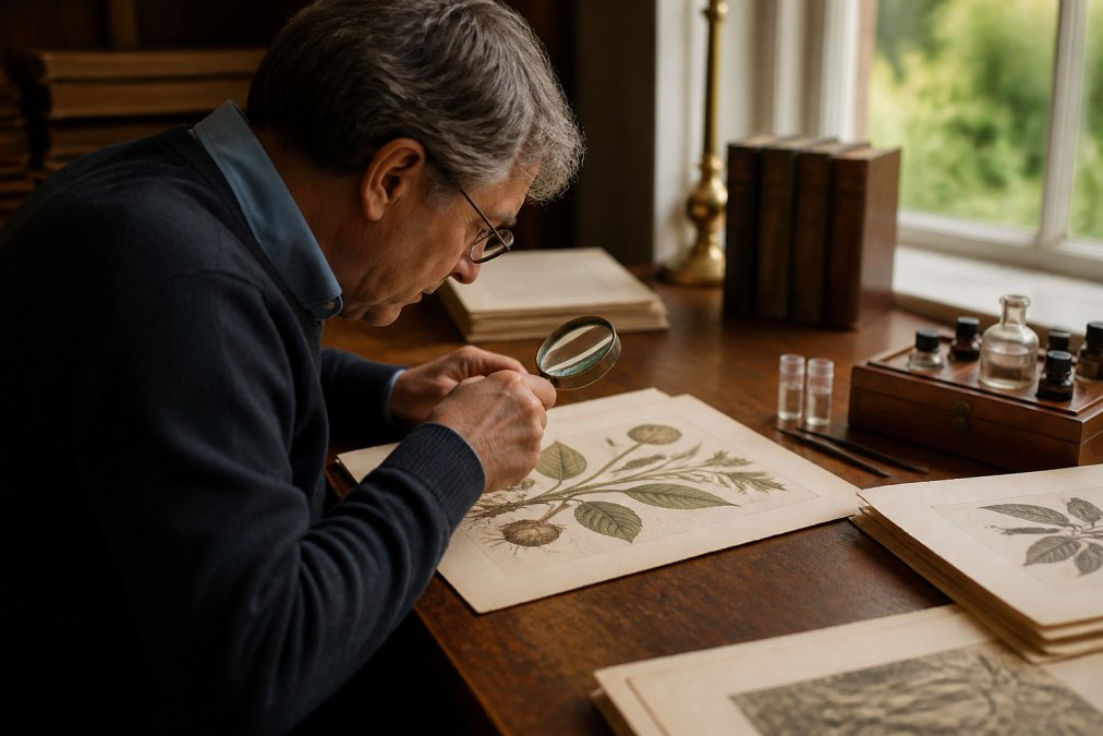 Infographic showing the step-by-step process to spot fake antique prints using magnification and testing.