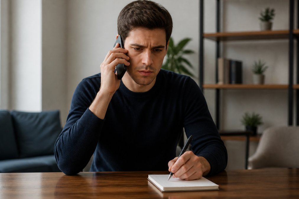 Person looking concerned while holding a phone, with a notepad and pen on the table, appearing to take notes about a suspicious call