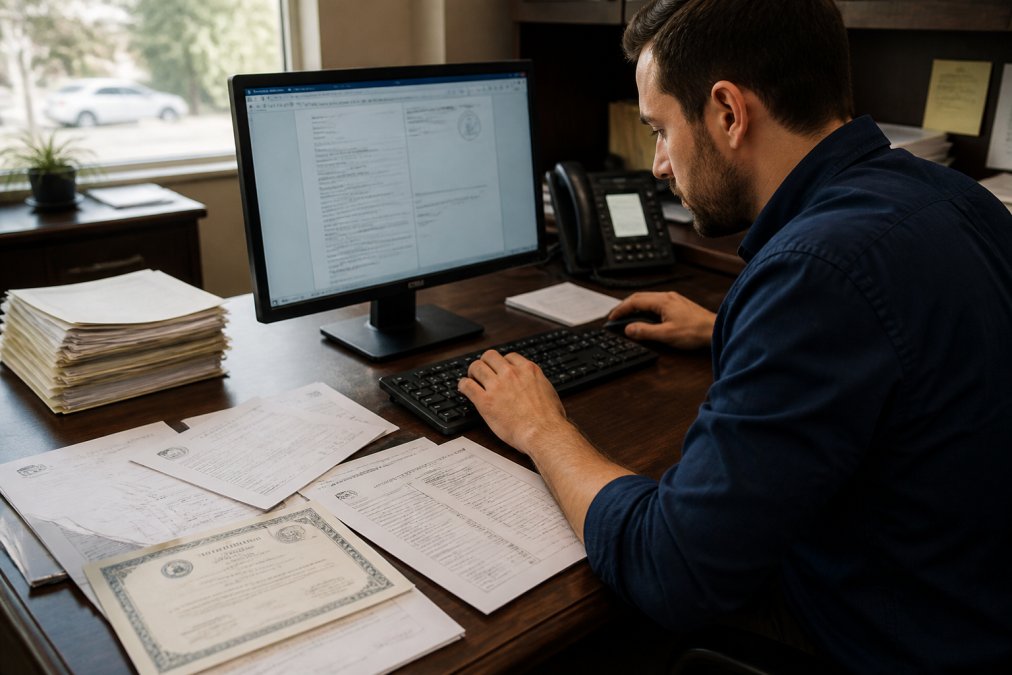 Person at a desk reviewing official documents spread out, with a computer showing verified credentials and licensing information, typing to confirm details