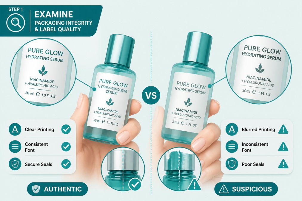 Close-up of hands examining beauty product packaging under natural light, comparing label clarity and font consistency between authentic and suspicious bottles