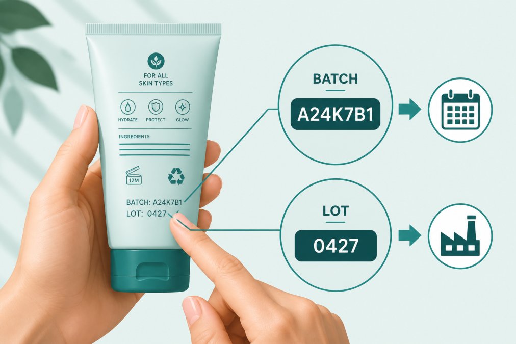 Hands holding beauty product and pointing to batch number and lot code on back of packaging under natural lighting, showing clear alphanumeric code