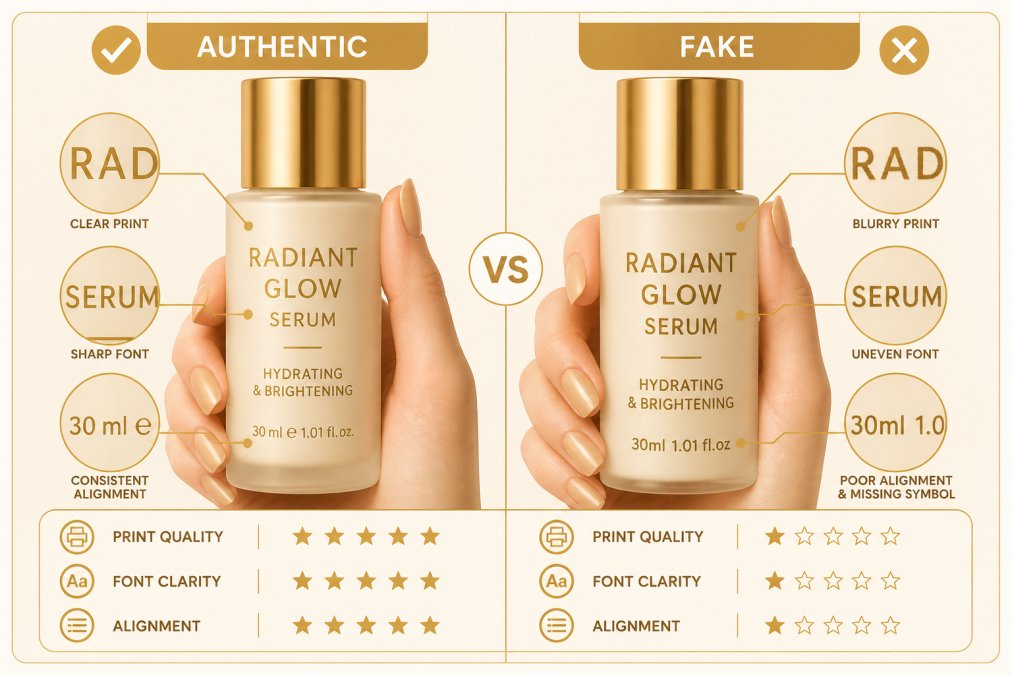 Close-up of a woman's hands holding two cosmetic bottles side by side under bright natural light, comparing the printed labels and font details