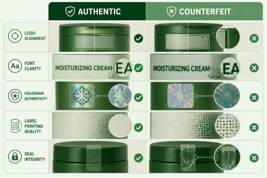 Side-by-side close-up comparison showing authentic versus counterfeit product packaging with visible differences in logo alignment, font clarity, hologram authenticity, label printing quality, and seal integrity under bright studio lighting