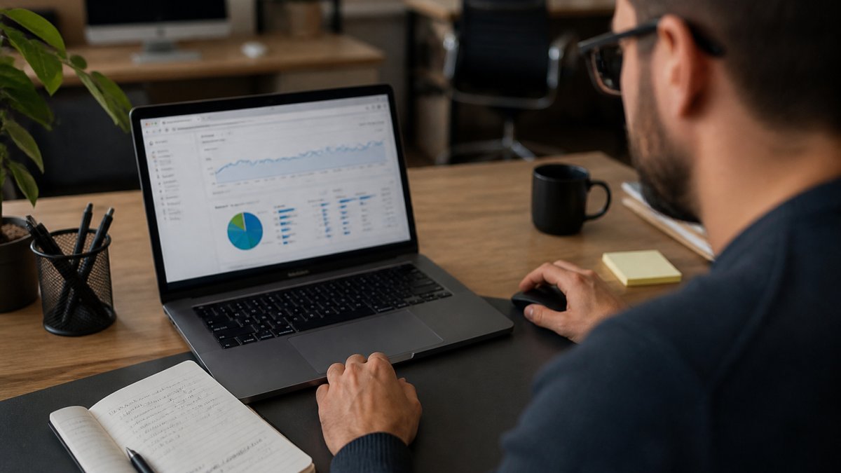 Marketer analyzing an analytics dashboard to identify signs of fake bot traffic on a laptop screen