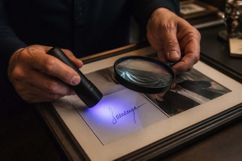 Collector using a magnifying glass and UV light to inspect a signature for fake celebrity autographs