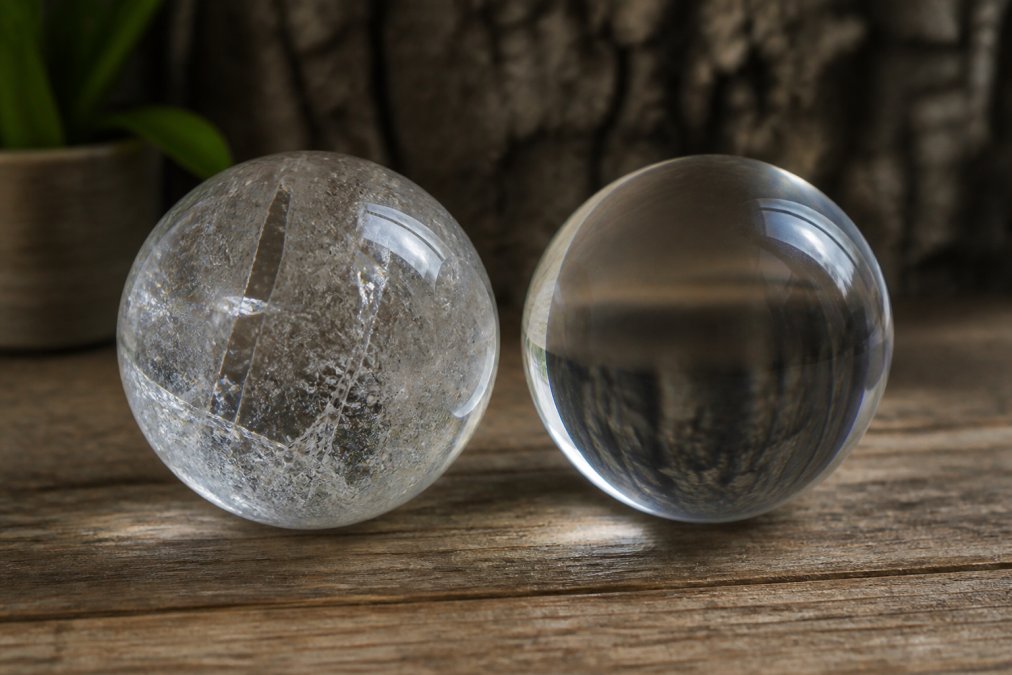 Close-up of two crystal spheres side by side on a wooden surface, one clear quartz with visible natural inclusions and fractures, the other a smooth glassy sphere, under soft natural lighting to highlight the difference in internal structure