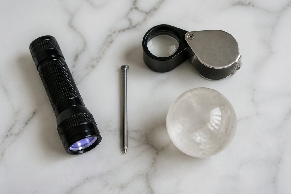 Flat lay on a white marble surface showing a small UV flashlight, a steel nail, a loupe magnifier, and a clear quartz crystal sphere arranged neatly as a home testing kit