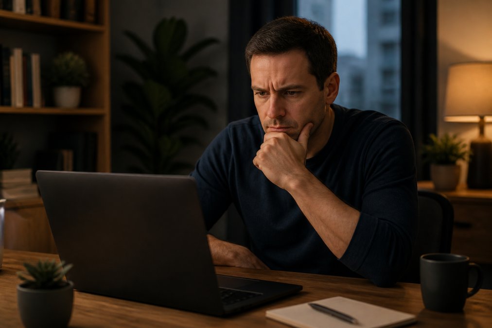 A job seeker in a home office squinting at a laptop screen with a suspicious email open, hand on chin, furrowed brow in dim evening light