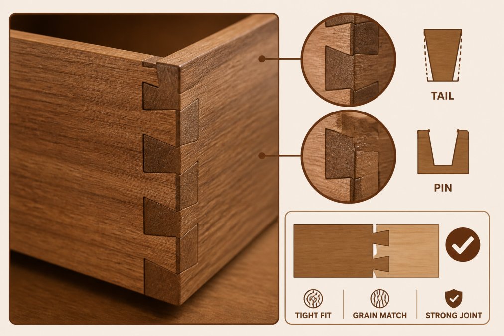 Close-up macro photography of precisely interlocking dovetail joints in fine wood furniture, showing the distinctive fan-shaped tails and pins with tight grain-matched seams under natural light