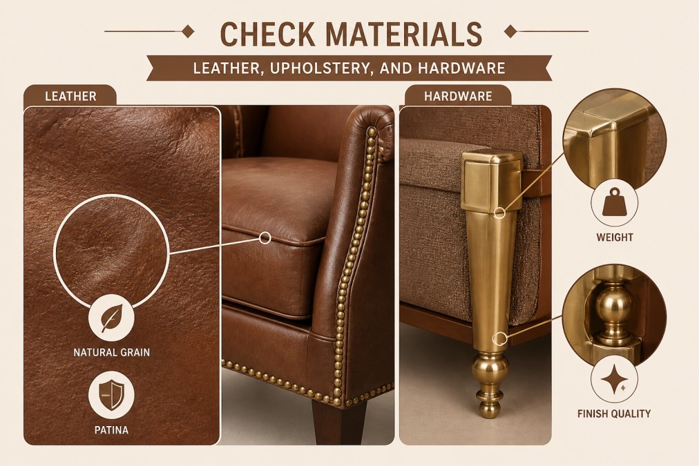 Detailed close-up of premium full-grain leather texture showing natural grain patterns and patina, alongside polished brass hardware with visible weight and finish quality on luxury upholstered seating