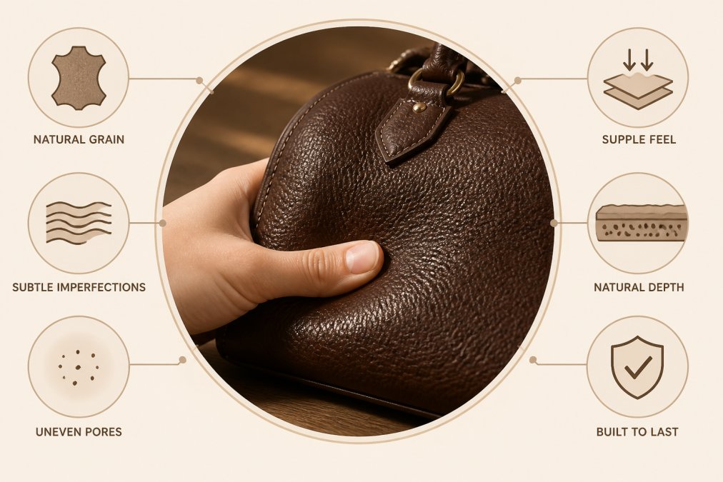 Close-up of a hand gently pressing into the surface of a rich, dark brown genuine leather handbag, showing the natural grain texture and subtle imperfections of real hide, photographed under warm directional lighting on a wooden surface