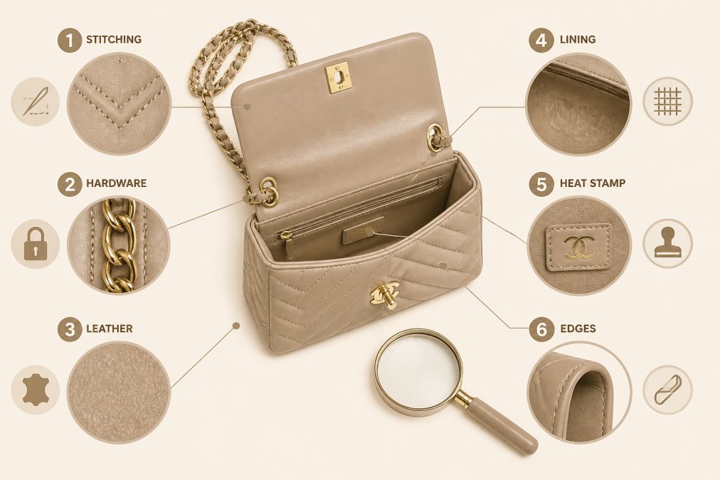 Flat lay of a luxury designer handbag open on a clean white surface, with a magnifying glass resting beside it, showing visible stitching detail, gold metal hardware, and interior lining under bright even studio lighting