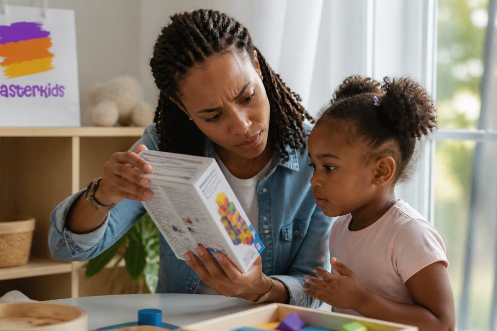 Parent's hands inspecting a toy box packaging closely, examining print quality and safety markings under bright natural light from a window, with the packaging tilted to check for clarity and alignment