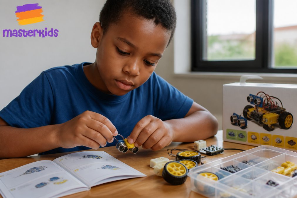 Child engaged with a STEM kit at a wooden table in natural daylight, examining components and instruction materials with genuine product packaging visible in the background, showing hands-on exploration