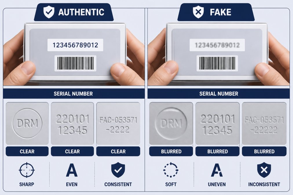 Close-up of hands holding two Funko Pop boxes side by side, comparing serial numbers and imprinted codes under bright lighting, showing clear versus blurred printing details